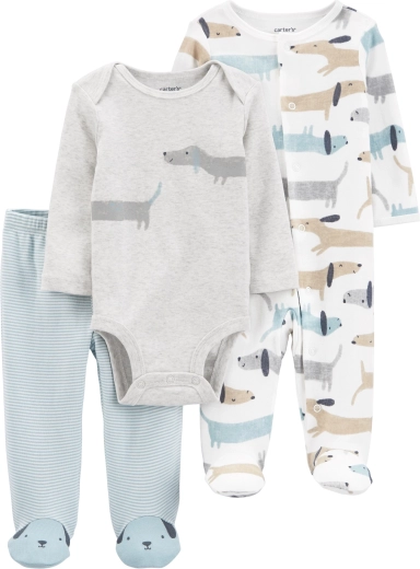 Ensemble bébé Carter’s 3 pièces – grenouillère à pressions, pantalon à pieds et body manches longues Dogs (garçon)