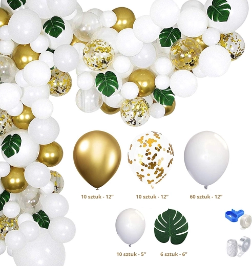 Guirlande de ballons de 90 pièces, dorée et blanche, avec feuilles