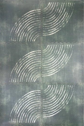 Tapis de sol en mousse Humbi XXL 180 × 120 cm – puzzle emboîtable, arcs blancs sur fond gris-bleu (6 pièces)