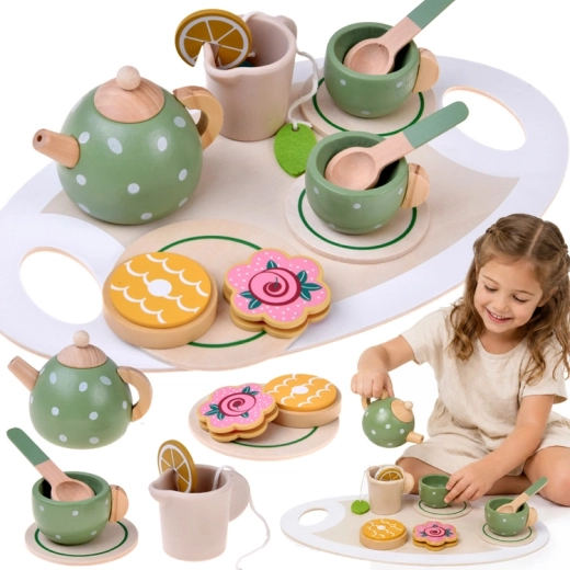 Service à thé en bois pour enfants pistache – 15 pièces