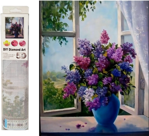 Mosaïque diamant – lilas dans un vase près de la fenêtre