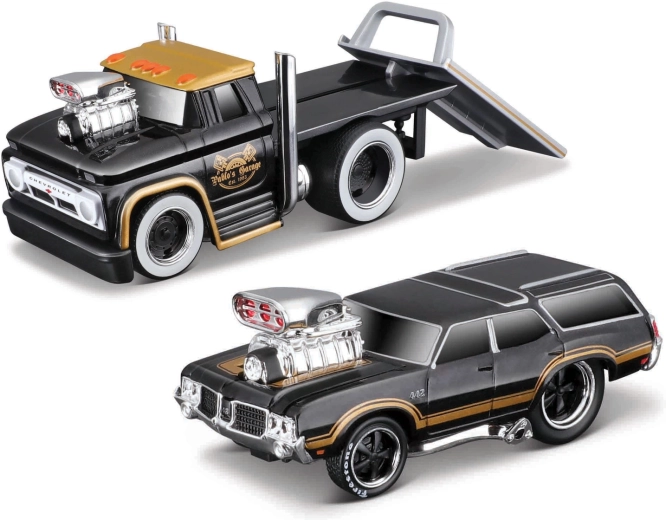 Maisto Muscle Transports 1966 Chevrolet C60 Flatbed avec 1970 Oldsmobile Vista Cruiser 1:64