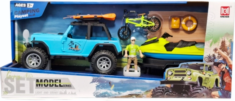 Ensemble de camping avec véhicule tout-terrain, remorque et scooter des mers