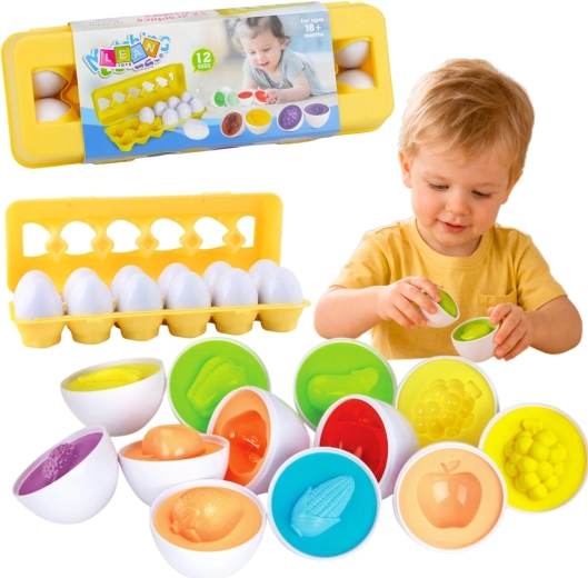 Trieur éducatif en forme d’œufs – tri des formes et des couleurs, fruits et légumes, 12 pcs