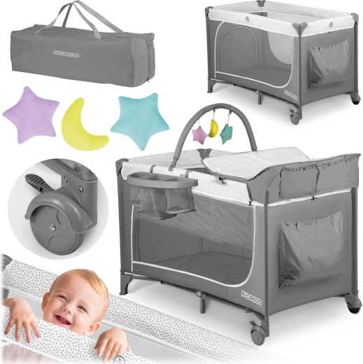 Lit parapluie enfant 2-en-1 avec matelas et table à langer, gris