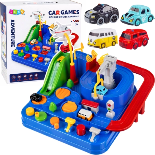 Circuit automobile interactif avec obstacles et parking, 4 voitures et hélicoptère – bleu