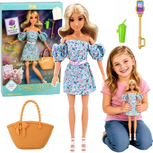Poupée Anlily Fashion en robe bleue fleurie avec sac à main et accessoires