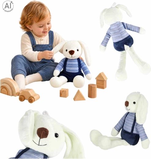 Lapin en peluche en salopette bleue 36 cm