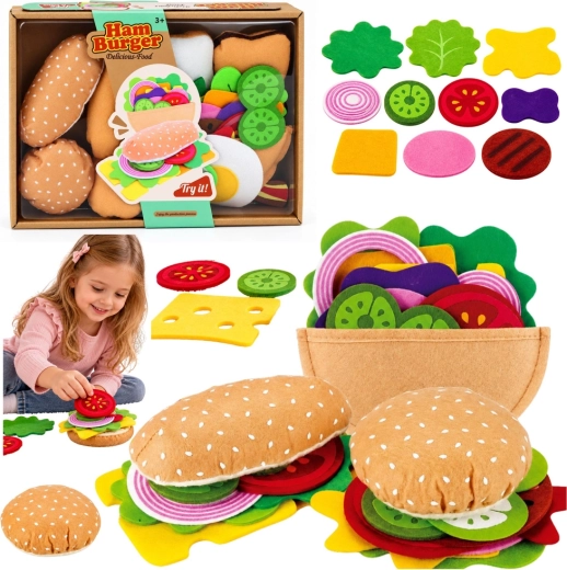 Set en peluche et feutrine pour préparer des hamburgers et des sandwichs, 28 pièces