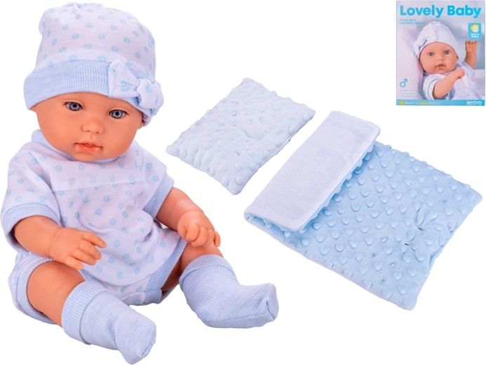 Bébé avec couette 33 cm – tenue bleu et blanc