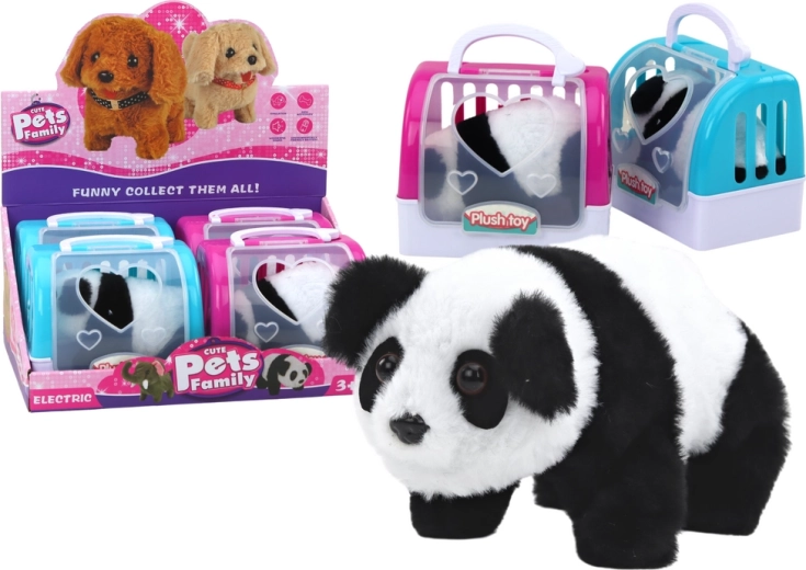 Panda en peluche interactive dans une caisse de transport rose et bleue