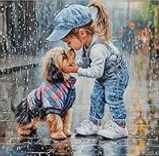 Peinture diamant – fille avec un chien sous la pluie 30 × 40 cm