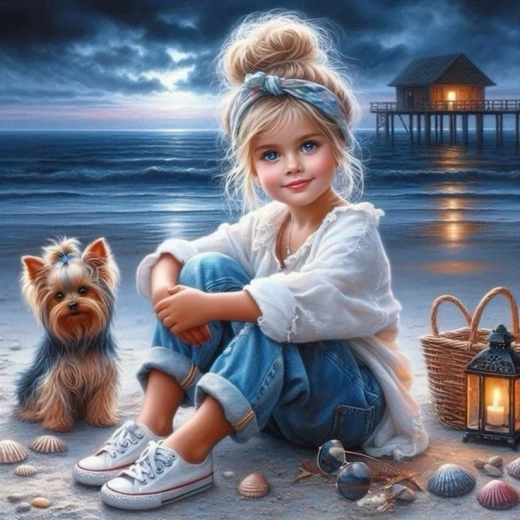 Mosaïque diamantée Fille assise avec un chien sur la plage 30 × 40 cm