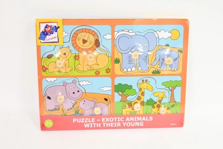 WOODY puzzle bébé en bois avec poignées, animaux petits et adultes, 4 en 1