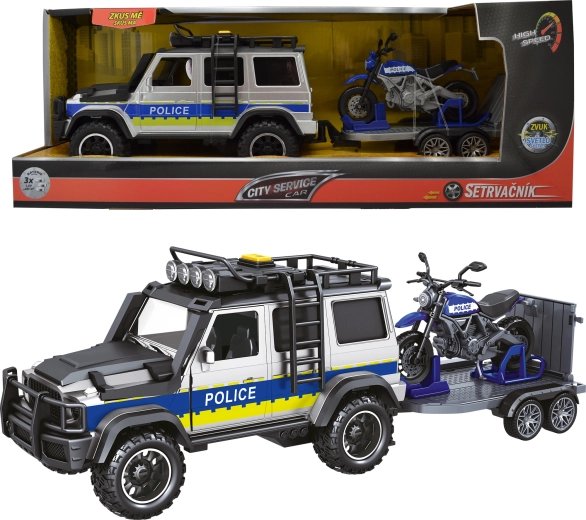 Voiture de police avec remorque et moto 1:14 avec sons et lumières