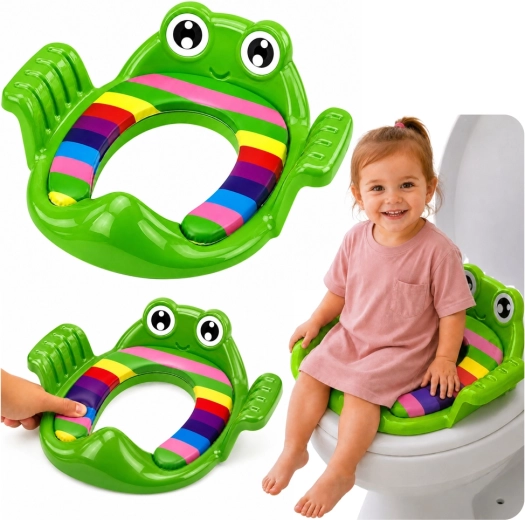 Siège WC enfant (réducteur de toilette) grenouille avec siège rembourré souple et poignées vertes