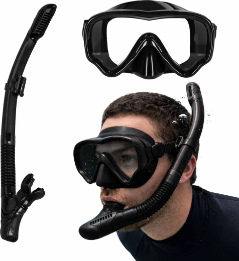 Ensemble de snorkeling – masque noir avec verre panoramique trempé et tuba sec