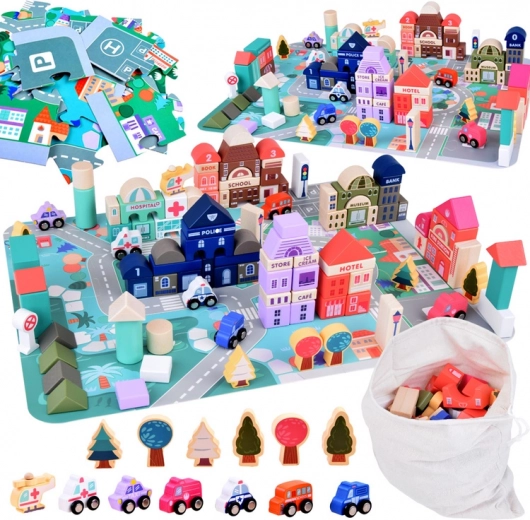 Set en bois pastel Ville avec tapis de jeu puzzle
