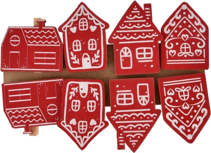 Pinces décoratives en bois Maison rouge et blanche – 8 pcs