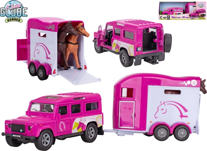 Kids Globe Land Rover avec remorque pour chevaux – modèle en métal rose avec moteur à rétrofriction