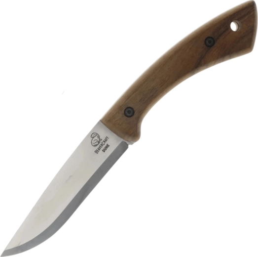 Couteau bushcraft en acier au carbone avec manche en noyer imprégné et étui en cuir