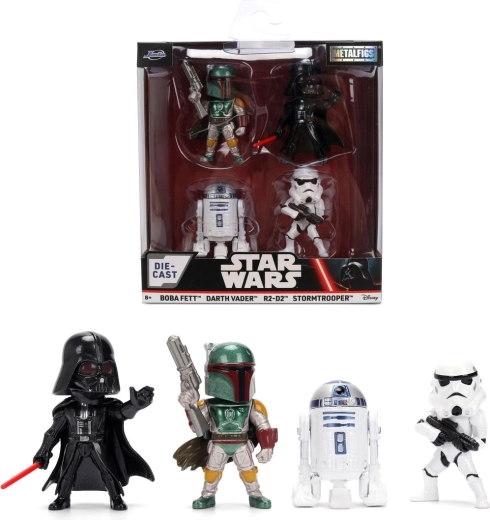 Set de 4 figurines STAR WARS Metalfigs – Dark Vador, R2‑D2, Stormtrooper et Boba Fett