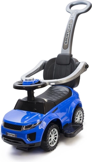 Porteur et voiture à pousser pour enfant 2-en-1 avec barre de guidage et klaxon, bleu