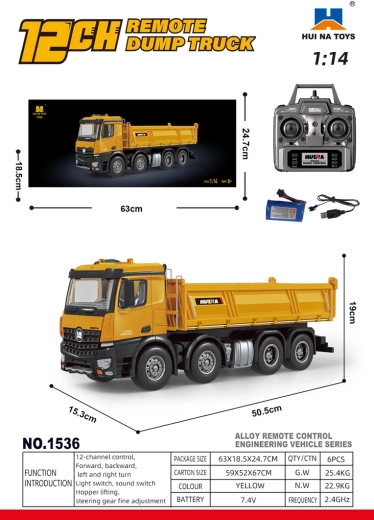 Camion-benne jaune radiocommandé 1:14