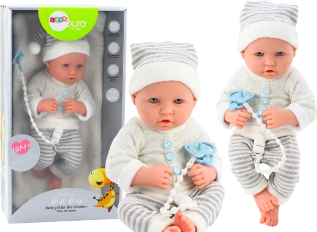 Poupée bébé réaliste en tenue blanc-gris avec bonnet et tétine