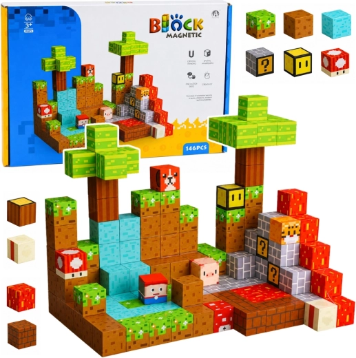 Cubes de construction magnétiques – monde pixelisé, 146 pièces