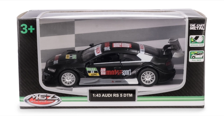 Modèle de voiture AUDI RS 5 DTM 1:43 noir en métal avec portes ouvrantes et mécanisme à rétrofriction (pull-back)