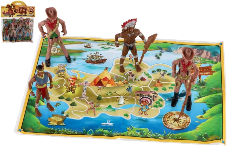 Figurines d’Indiens et de cow-boys avec carte 6 cm (plastique)
