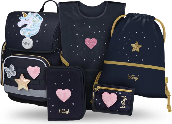 Baagl ensemble scolaire 5 pcs Ergo Unicorn Gold – cartable, trousse, sac, tablier et porte-monnaie