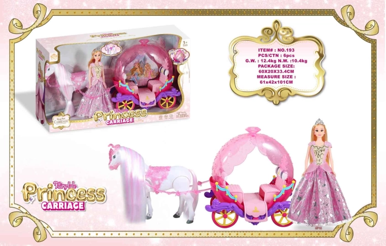 Carrosse rose avec cheval blanc et poupée princesse