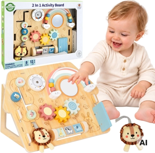 WOOPIE GREEN Planche d’activités en bois 2 en 1 en forme de maison, 8 pièces
