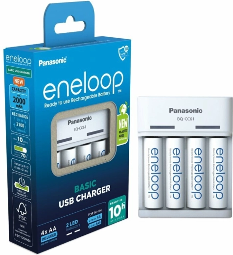 Chargeur USB Panasonic Eneloop EKO BQ-CC61 + piles rechargeables AA 2000 mAh (4 pcs)