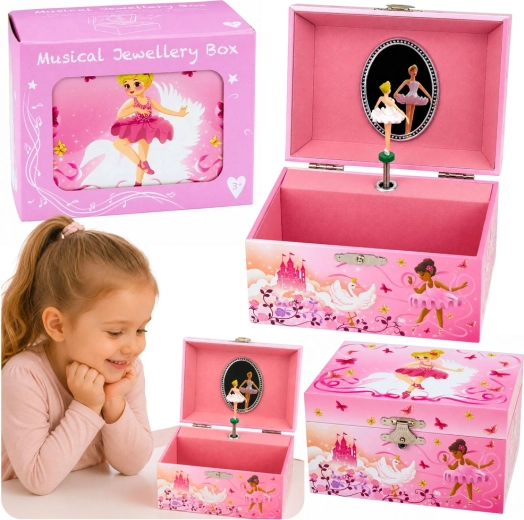Boîte à bijoux musicale rose à remontoir avec ballerine et miroir pour enfants