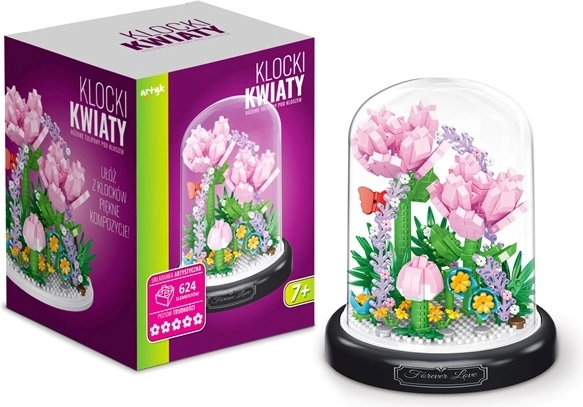 Kit de construction de fleurs : tulipes roses sous cloche transparente (624 pièces)
