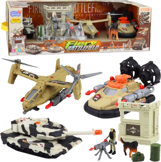 Coffret militaire – hélicoptère, char et aéroglisseur avec soldats et base avec lumières et sons