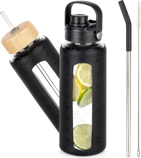 Bouteille d’eau en verre avec étui en silicone noir et bouchons interchangeables 1 l