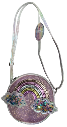 Sac à main enfant rose avec arc-en-ciel et nuages scintillants
