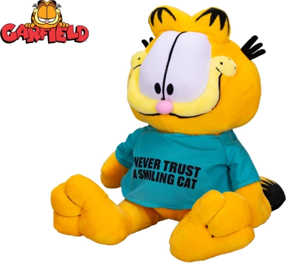 Chat en peluche GARFIELD 28 cm – t-shirt « Never trust a smiling cat »