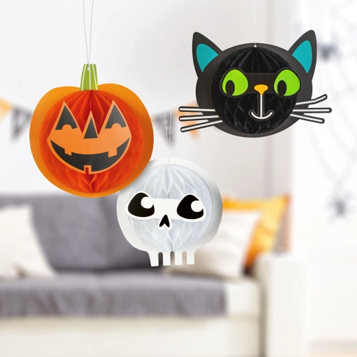 Set de lanternes en papier suspendues pour Halloween avec citrouille, chat et crâne