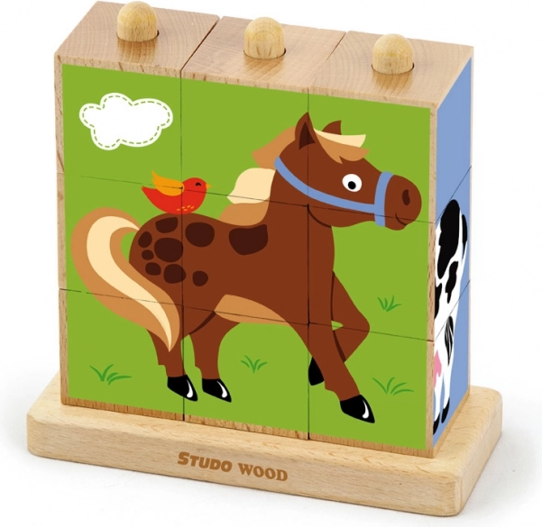Cubes en bois – animaux de la ferme, 9 pcs