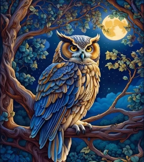 Peinture diamant – chouette sous la pleine lune 30 × 40 cm