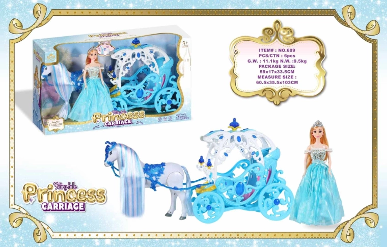Landau bleu avec cheval blanc et poupée princesse