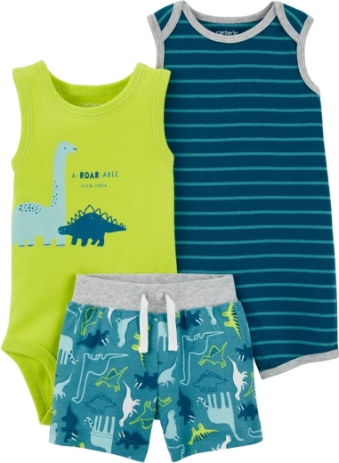 Ensemble d’été Carter’s pour garçons Stripes Dinos – barboteuse à manches courtes, body sans manches et short (3 pièces)