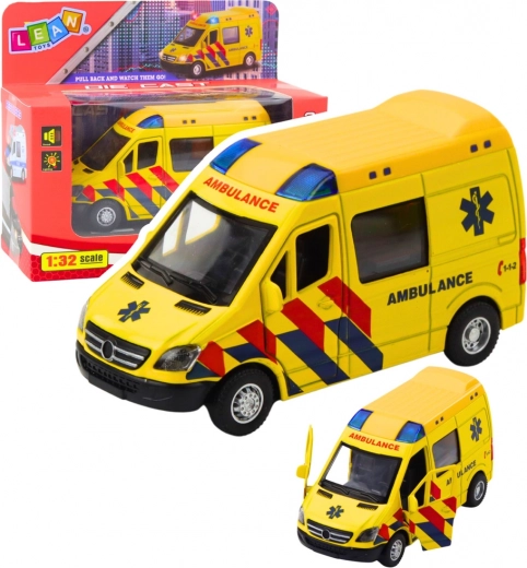 Ambulance en métal 1:32 à rétrofriction, avec lumières et sons – jaune