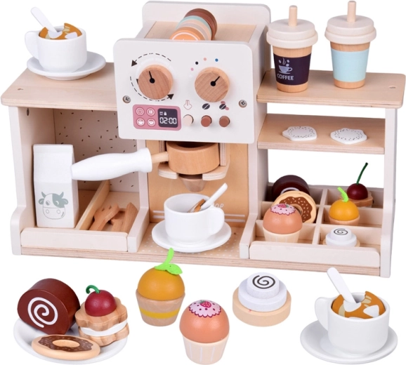 Café pour enfants en bois avec machine à café et desserts