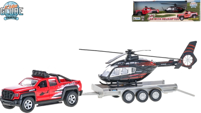 Kids Globe Traffic 4x4 tout-terrain avec remorque et hélicoptère à rétrofriction